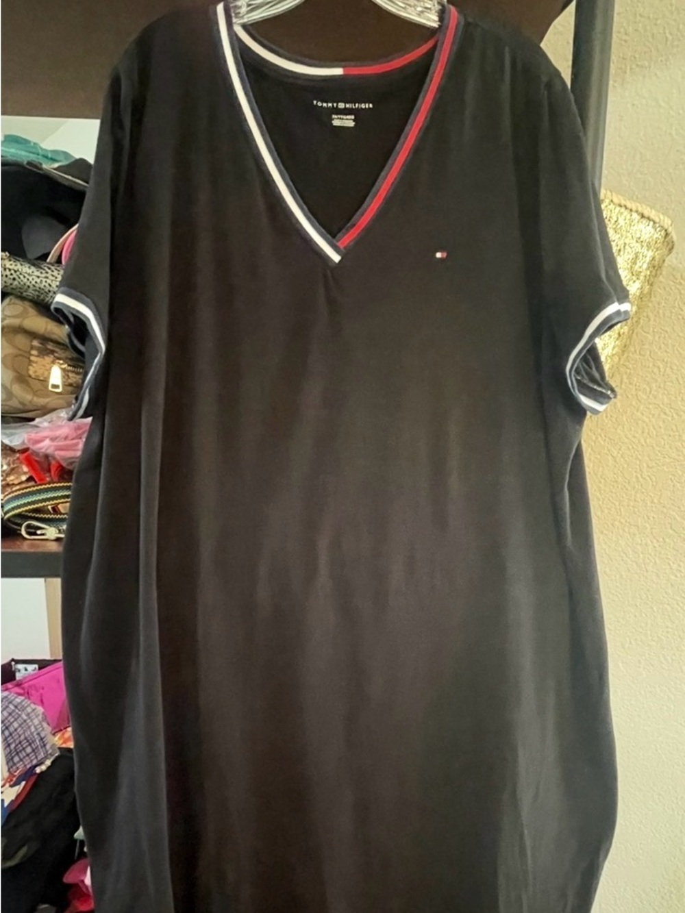Tommy Hilfiger Black V-Neck Short Sleeve Dress with Red, White & Navy Trim (2X)